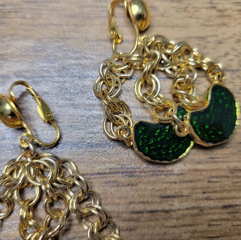 vintage green and gold necklace with matching earrings set